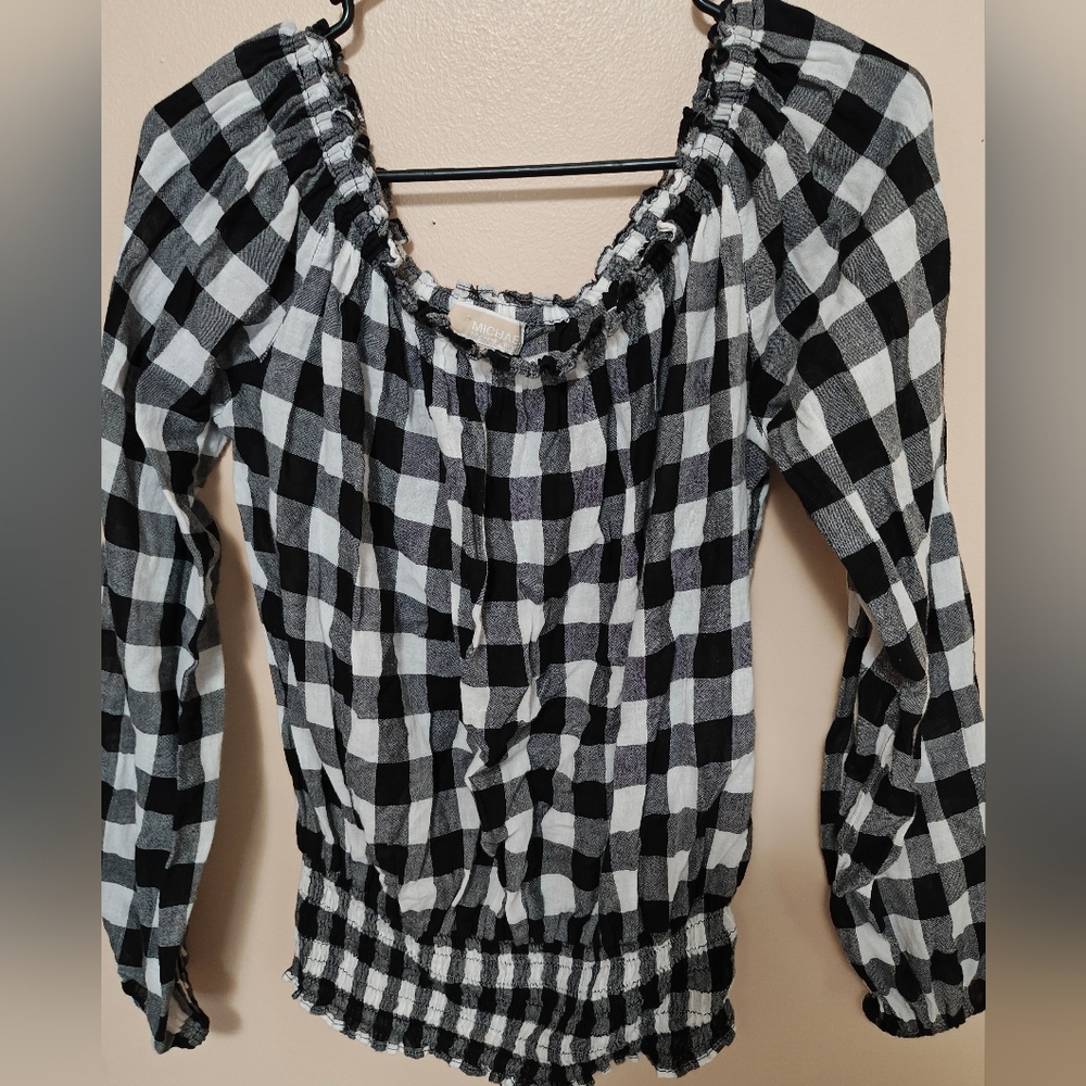 Michael Kors Black and White Smocked Blouse